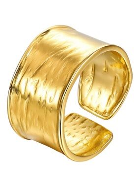 18K Gold Plated Hammered Band Ring Stainless Steel Wide Cuff